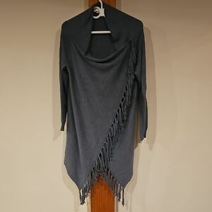 Elegant Denim Blue Women's Sweater with Fringe Detail